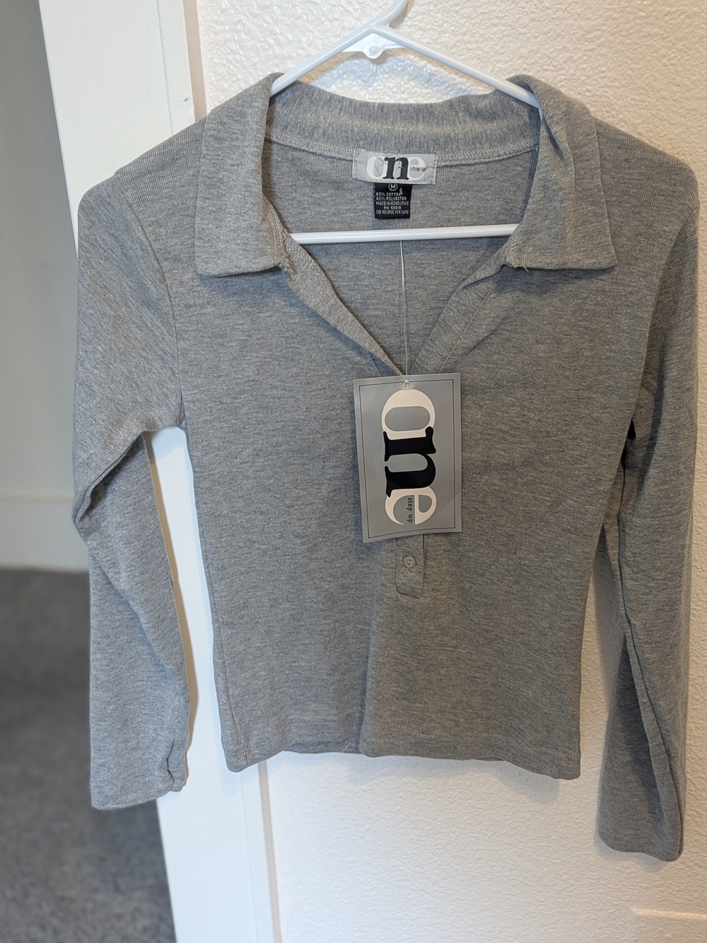 One Step Ahead Gray Ribbed Long-Sleeve Polo Top